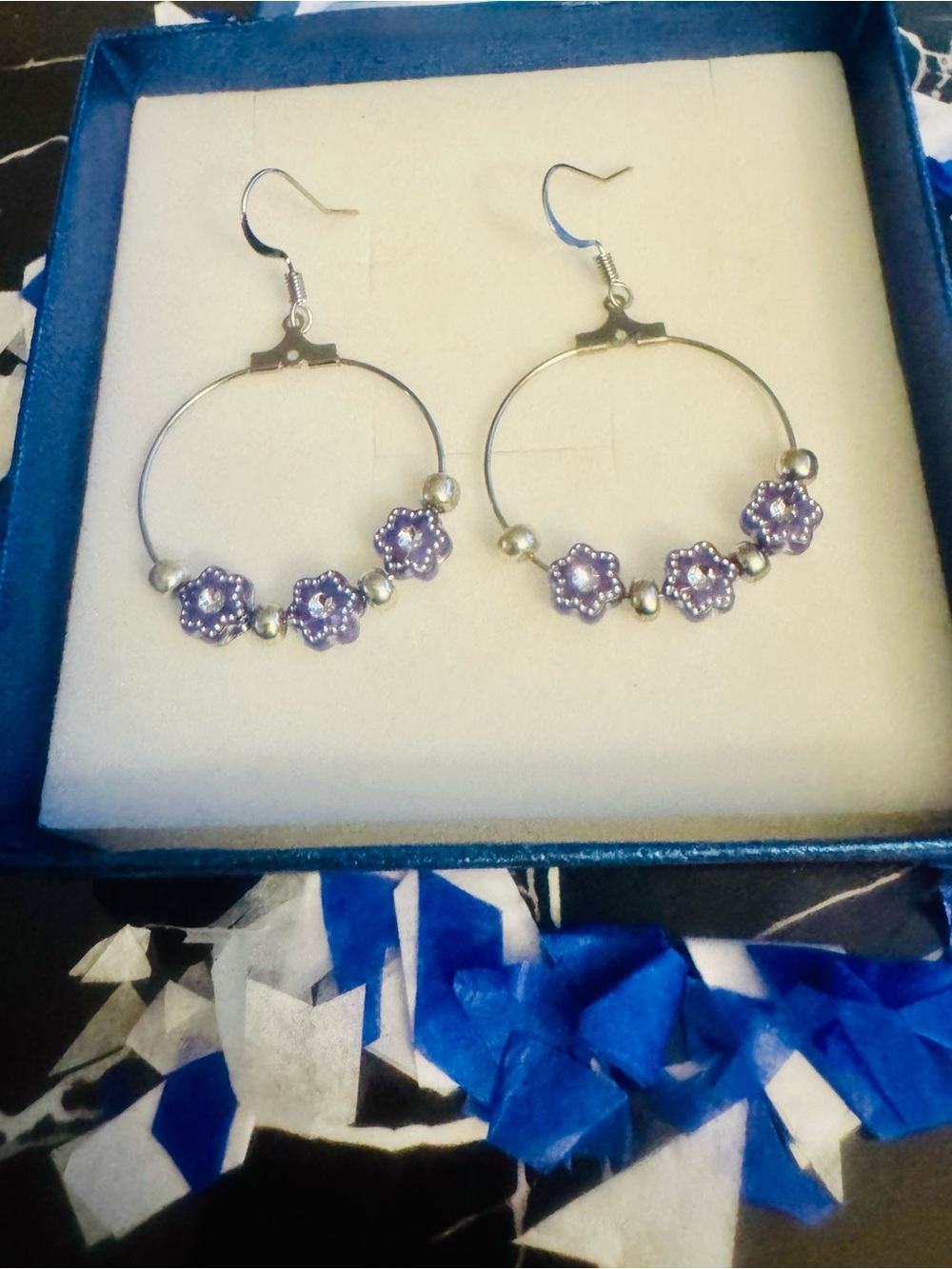 Purple Floral Hoop Earrings with Silver Beads - Women Jewelry